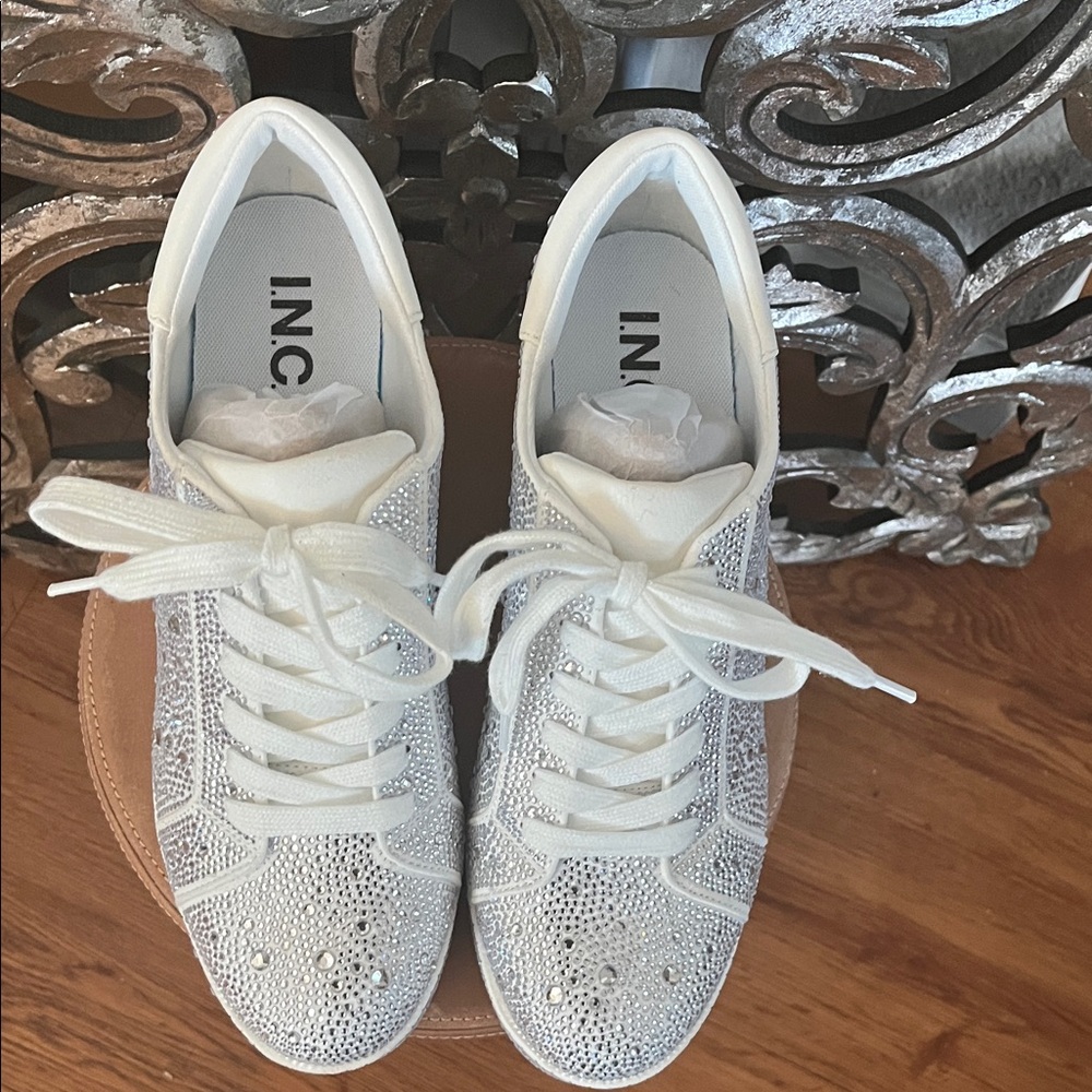 INC International Concepts White Rhinestone Embellished Lace-Up Sneakers - Picture 5 of 6